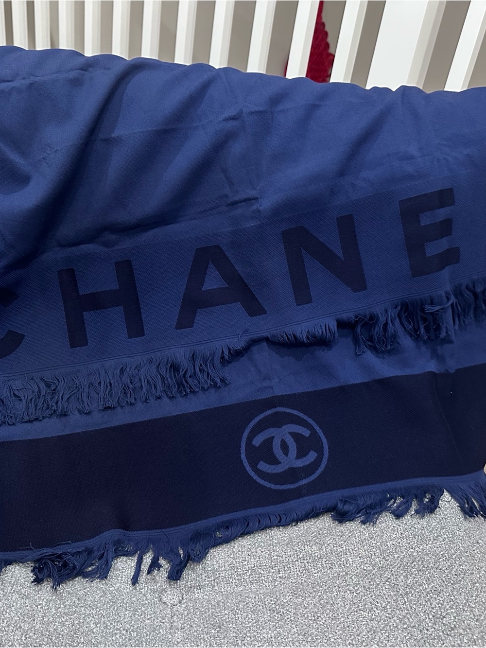CHANEL Navy Logo Fringe Scarf Wrap